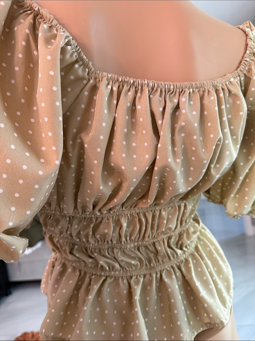 Beige Polka Dot Peasant Top with Elastic Waist - Picture 3 of 3